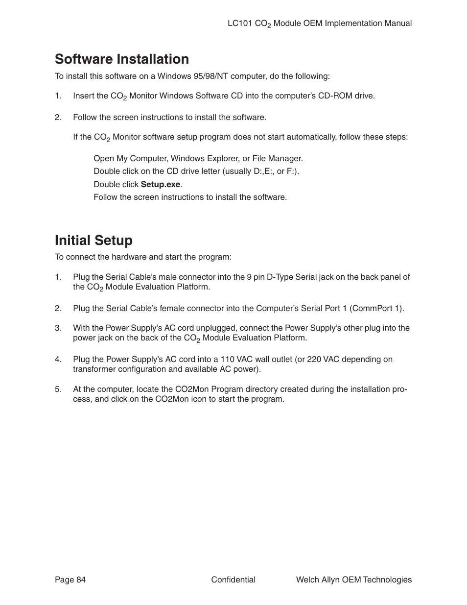 Software installation, Initial setup | Welch Allyn LC101 CO2 Module  - User Manual User Manual | Page 84 / 98