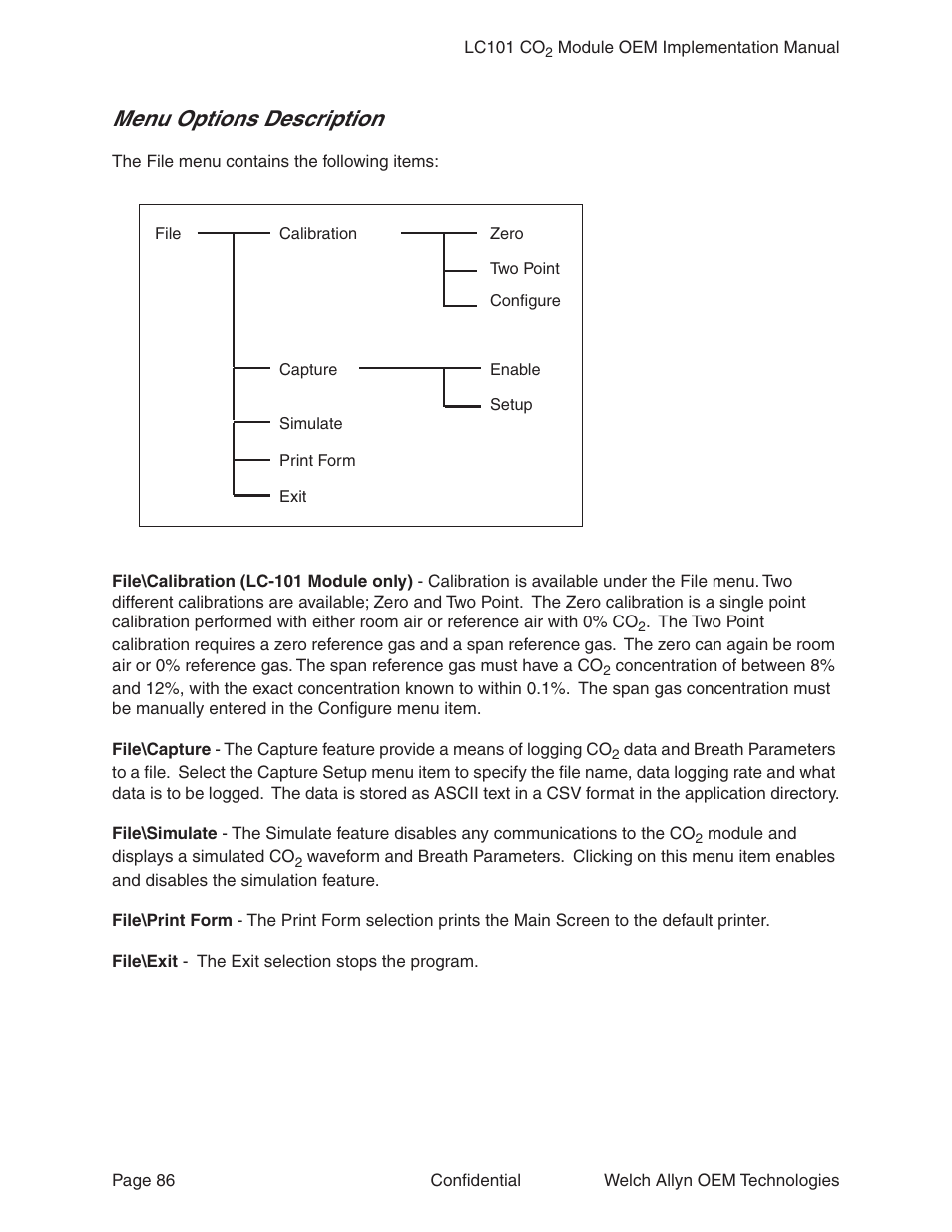 Menu options description | Welch Allyn LC101 CO2 Module  - User Manual User Manual | Page 86 / 98