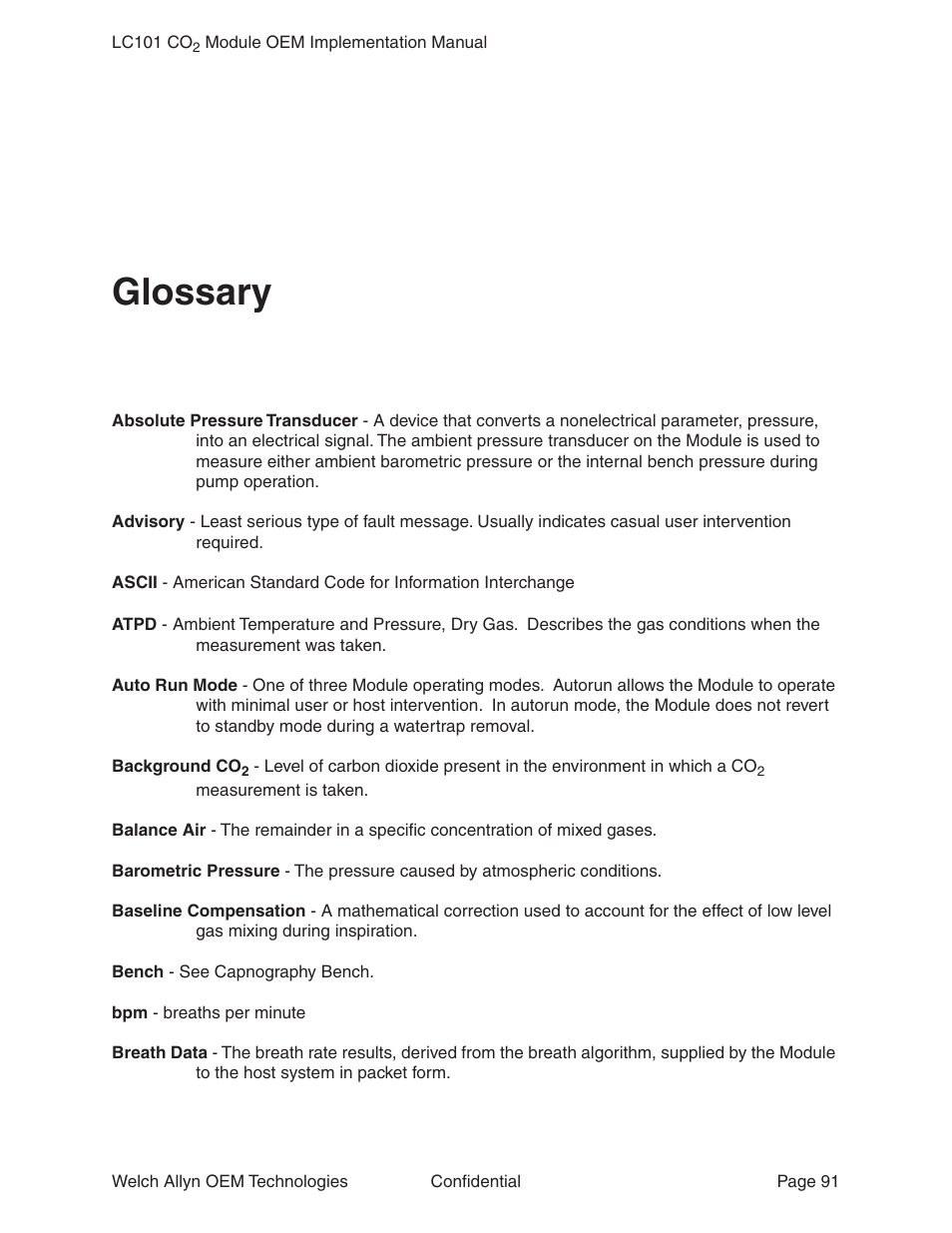 Glossary | Welch Allyn LC101 CO2 Module  - User Manual User Manual | Page 91 / 98