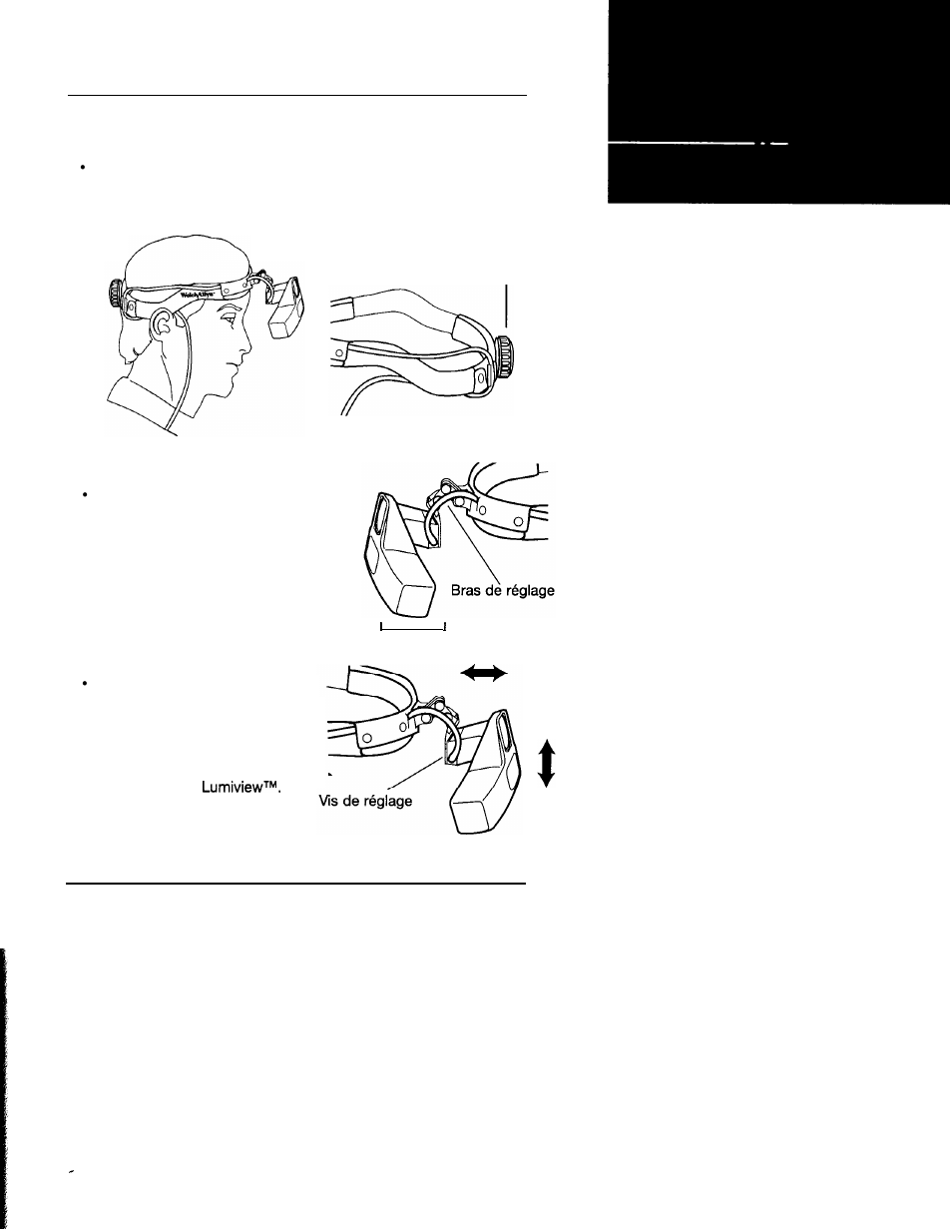 Réglages, Serre-tête à cliquet, Instructions | Ensemble optique | Welch Allyn LumiView Portable Binocular Microscope - User Manual User Manual | Page 26 / 84