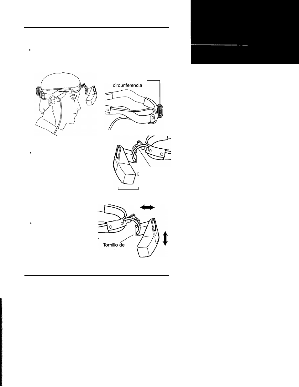 Ajustes, Banda frontal estilo trinquete, Instrucciones | Conjunto óptico | Welch Allyn LumiView Portable Binocular Microscope - User Manual User Manual | Page 41 / 84