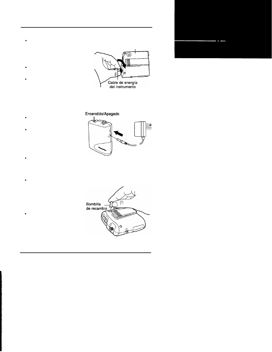 Conexión de instrumento, Recarga de la fuente, Acceso a la bombilla | Welch Allyn LumiView Portable Binocular Microscope - User Manual User Manual | Page 49 / 84