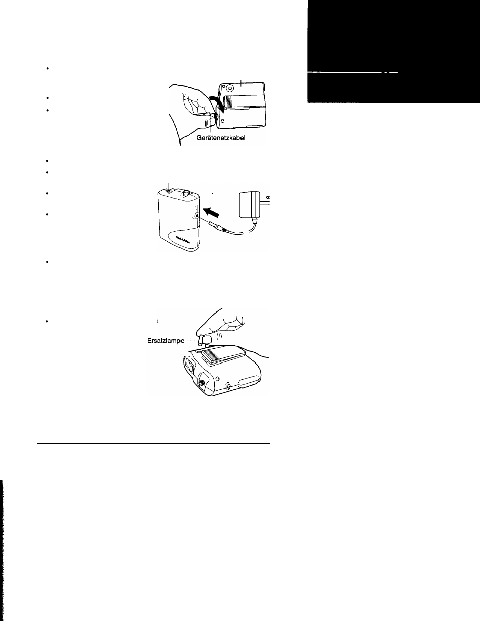 Anschließen des geräts, Aufladen des akkupacks, Zugriff auf die ersatzlampe | Welch Allyn LumiView Portable Binocular Microscope - User Manual User Manual | Page 64 / 84