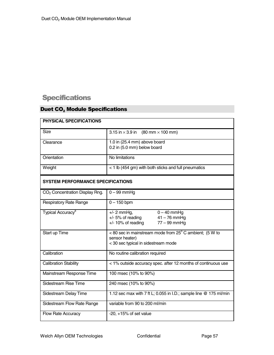Specifications | Welch Allyn Duet CO2 Module - User Manual User Manual | Page 57 / 99