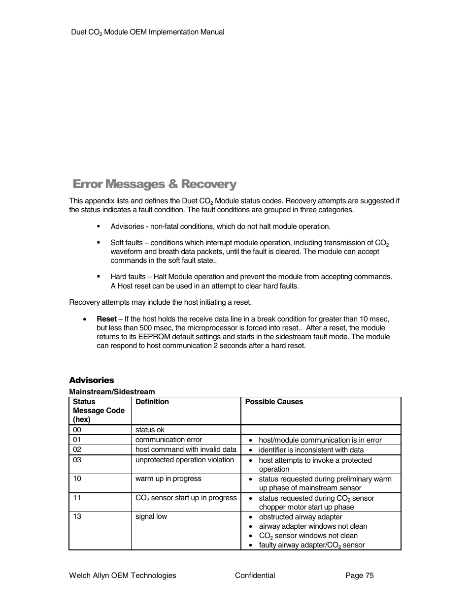 Error messages & recovery | Welch Allyn Duet CO2 Module - User Manual User Manual | Page 75 / 99
