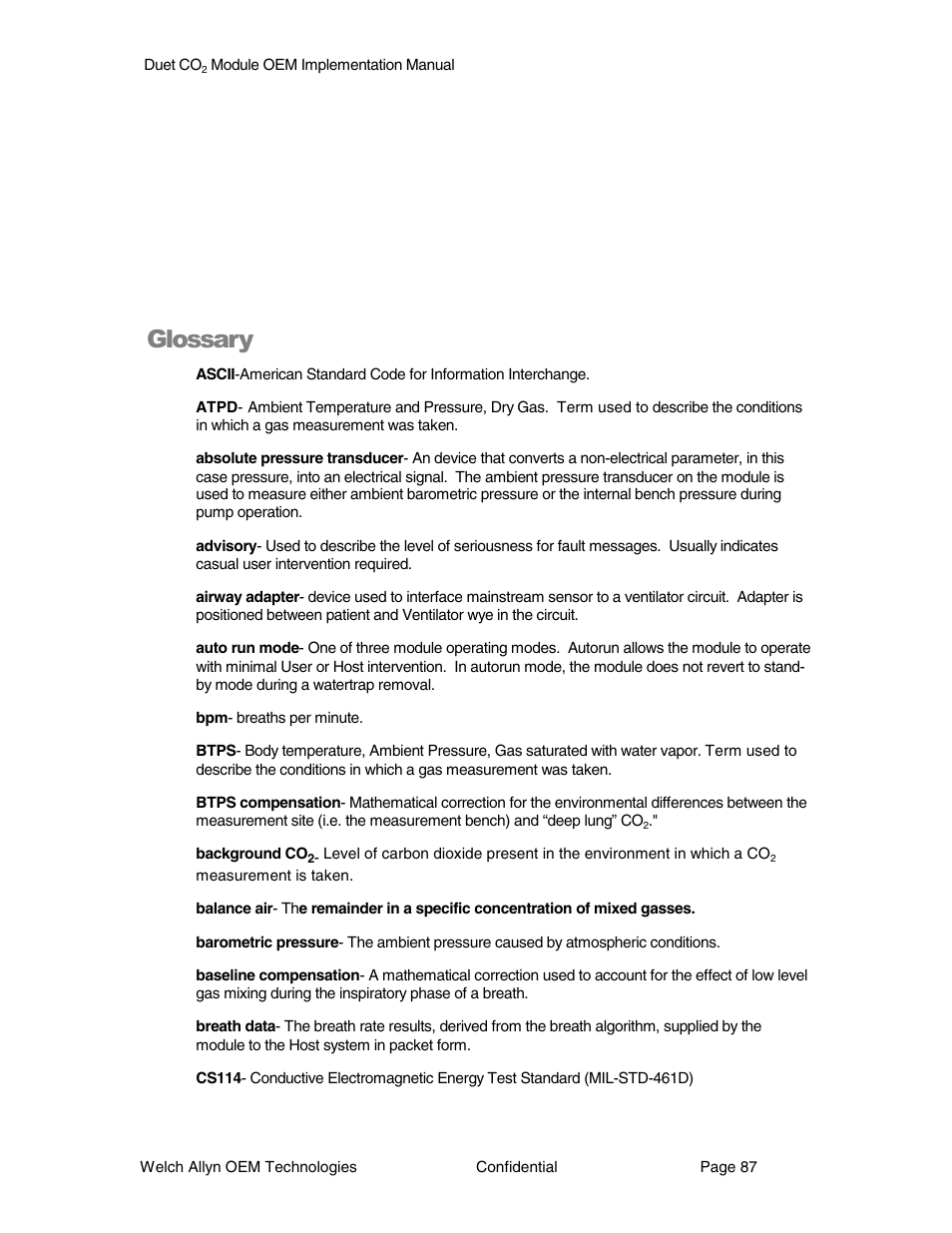 Glossary | Welch Allyn Duet CO2 Module - User Manual User Manual | Page 87 / 99