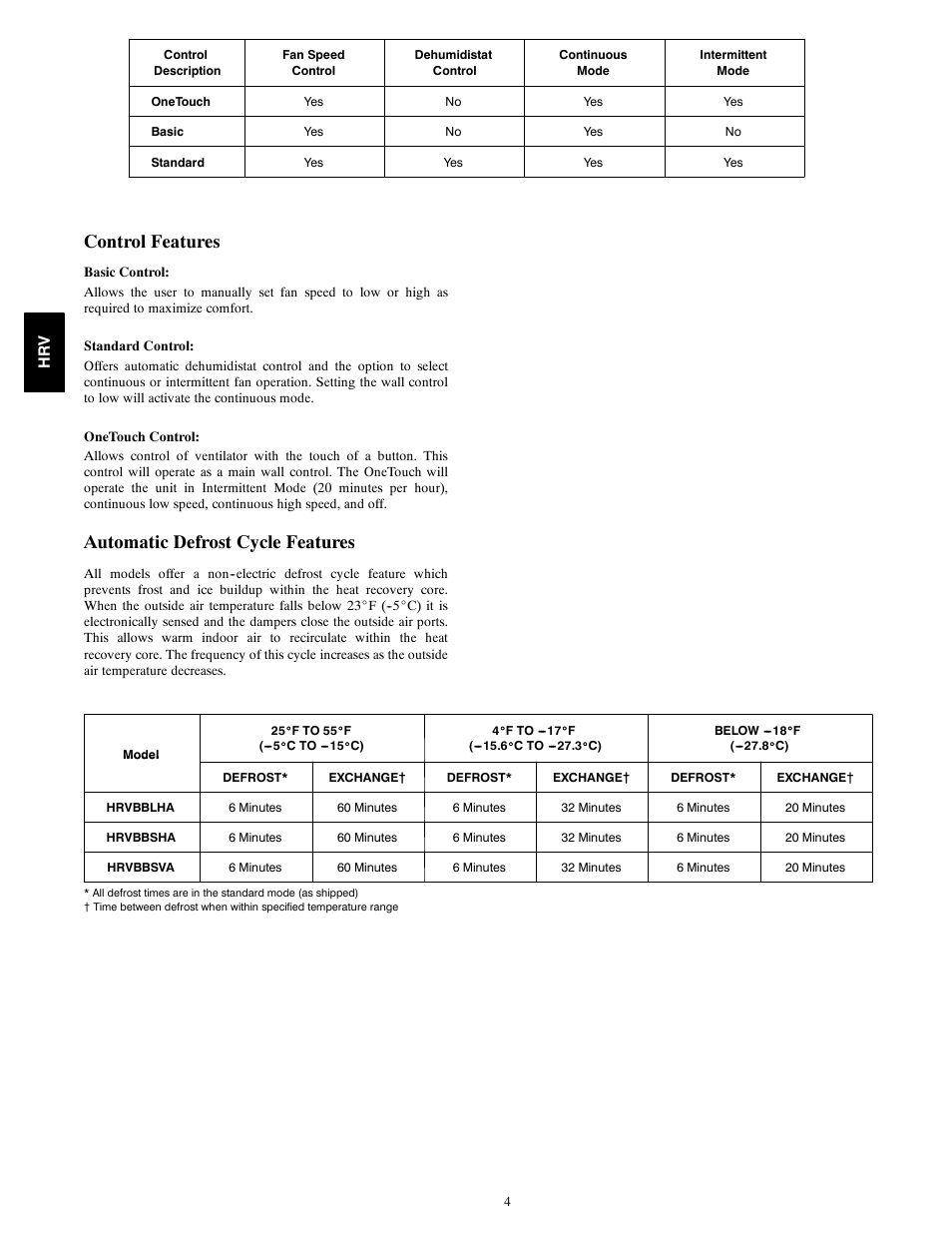 Control features, Automatic defrost cycle features | Bryant HRVBBSVA User Manual | Page 4 / 10