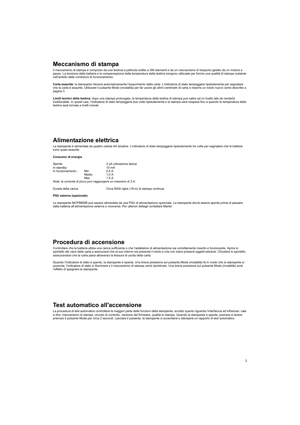 Meccanismo di stampa, Alimentazione elettrica, Procedura di accensione | Test automatico all'accensione | Welch Allyn MCP8850B HPIR THERMAL PRINTER - User Manual User Manual | Page 10 / 24