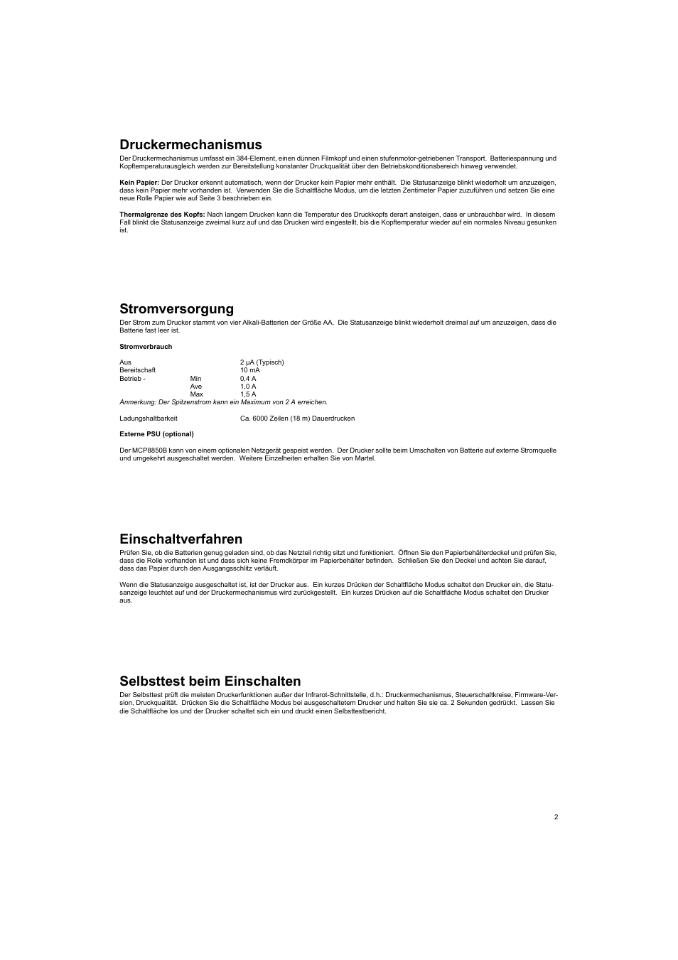 Druckermechanismus, Stromversorgung, Einschaltverfahren | Selbsttest beim einschalten | Welch Allyn MCP8850B HPIR THERMAL PRINTER - User Manual User Manual | Page 14 / 24