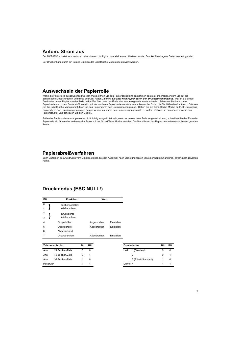 Zeichenschriftart, Siehe unten), Druckdichte | Doppelhöhe, Abgebrochen, Einstellen, Doppelbreite, Nicht definiert, Unterstreichen, Arial 24 zeichen/zeile | Welch Allyn MCP8850B HPIR THERMAL PRINTER - User Manual User Manual | Page 15 / 24