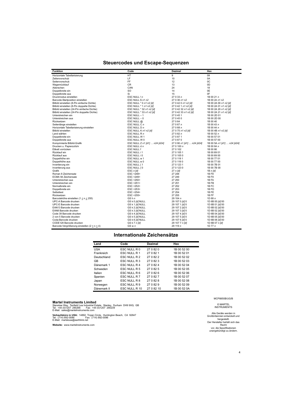 Steuercodes und escape-sequenzen, Horizontale tabellarisierung, Zeilenvorschub | Seitenvorschub, Wagenrücklauf, Abbrechen, Doppelbreite ein, Doppelbreite aus, Druckmodus einstellen, Esc null ! n | Welch Allyn MCP8850B HPIR THERMAL PRINTER - User Manual User Manual | Page 16 / 24