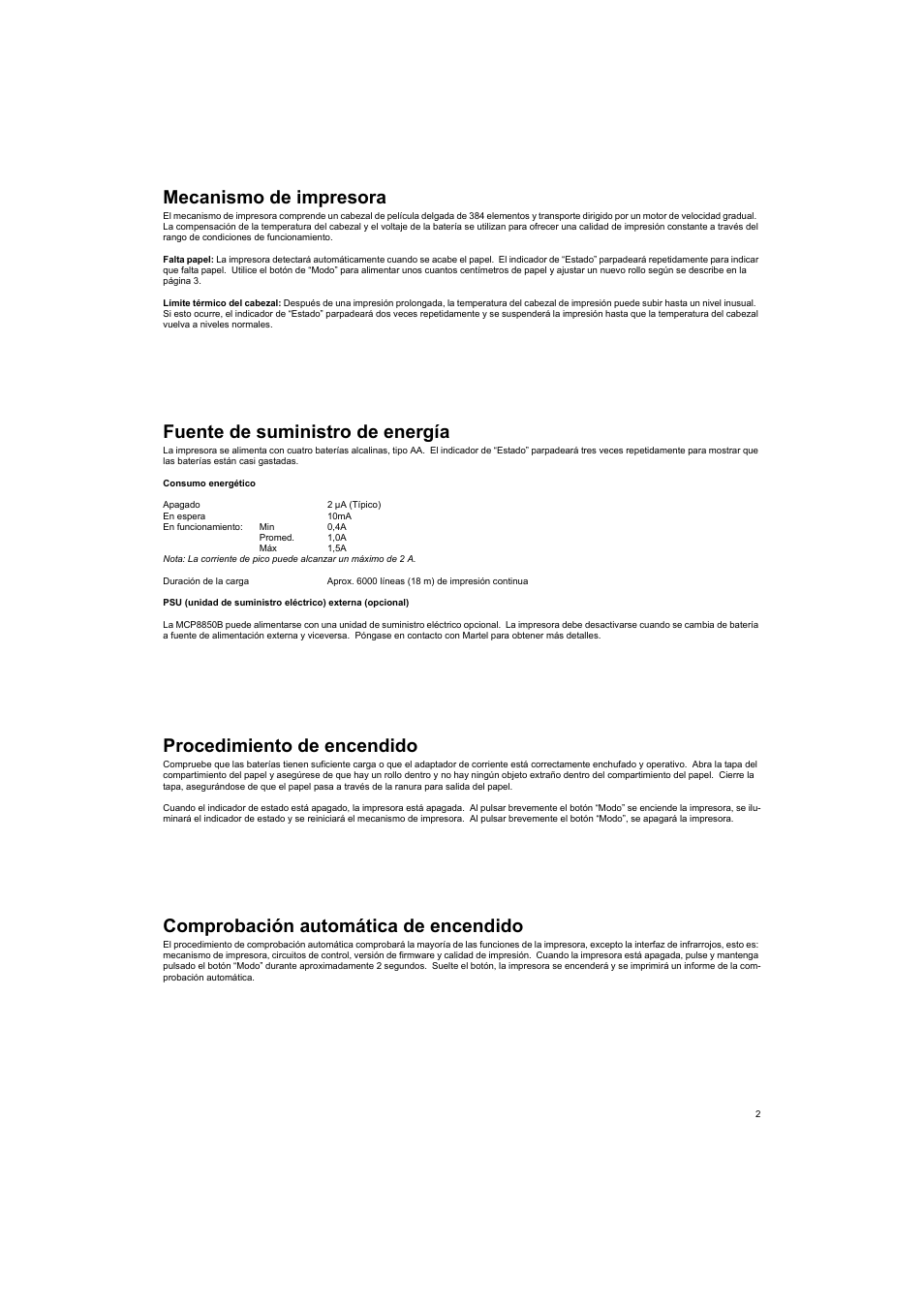 Mecanismo de impresora, Fuente de suministro de energía, Procedimiento de encendido | Comprobación automática de encendido | Welch Allyn MCP8850B HPIR THERMAL PRINTER - User Manual User Manual | Page 18 / 24
