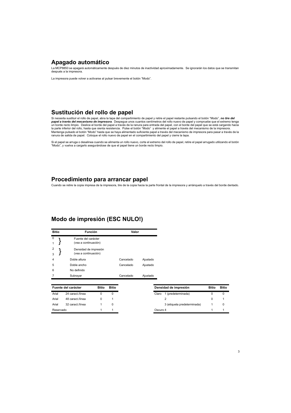 Fuente del carácter, Vea a continuación), Densidad de impresión | Doble altura, Cancelado, Ajustado, Doble ancho, No definido, Subrayar, Arial 24 caract./línea | Welch Allyn MCP8850B HPIR THERMAL PRINTER - User Manual User Manual | Page 19 / 24