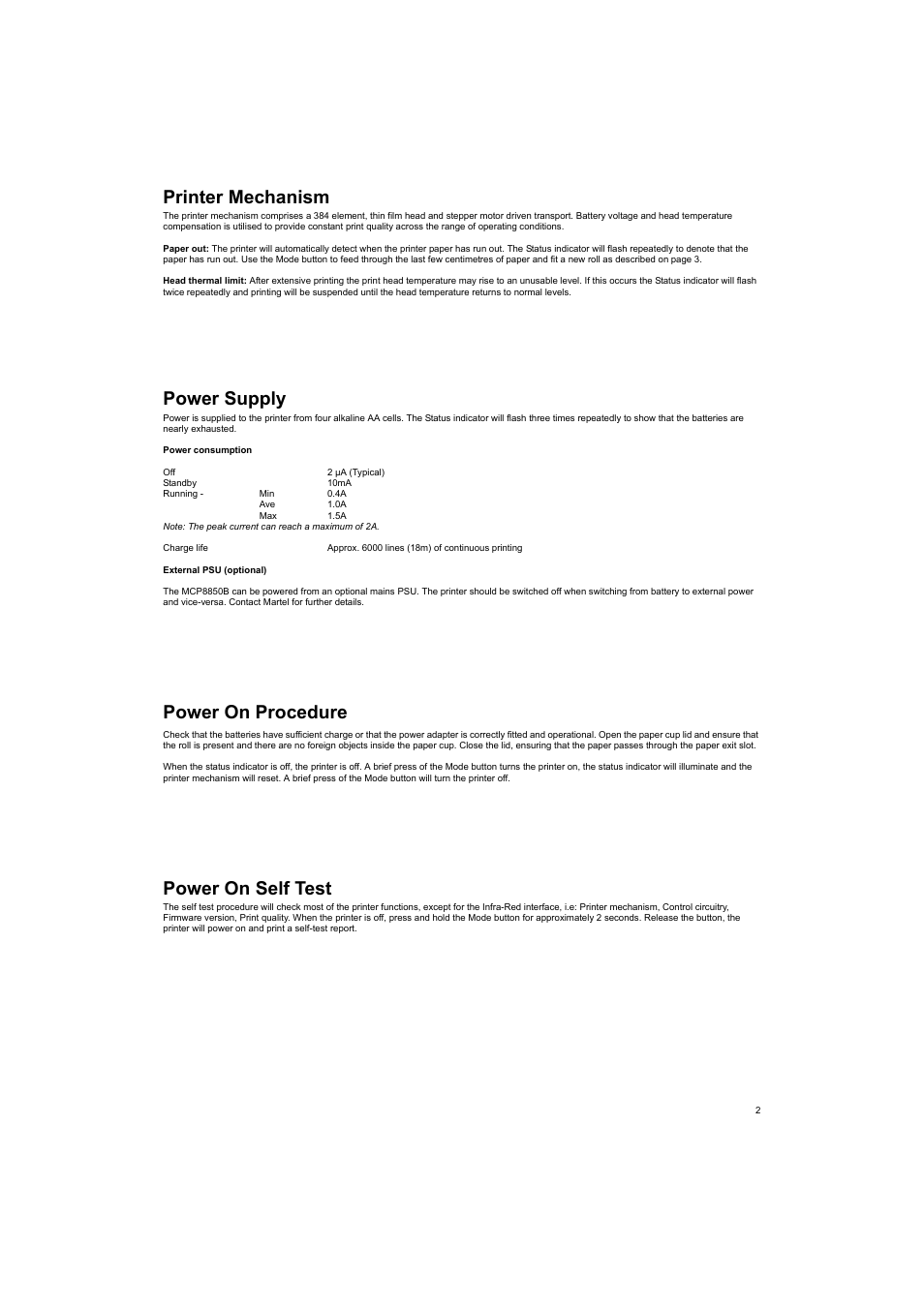 Printer mechanism, Power supply, Power on procedure | Power on self test | Welch Allyn MCP8850B HPIR THERMAL PRINTER - User Manual User Manual | Page 2 / 24