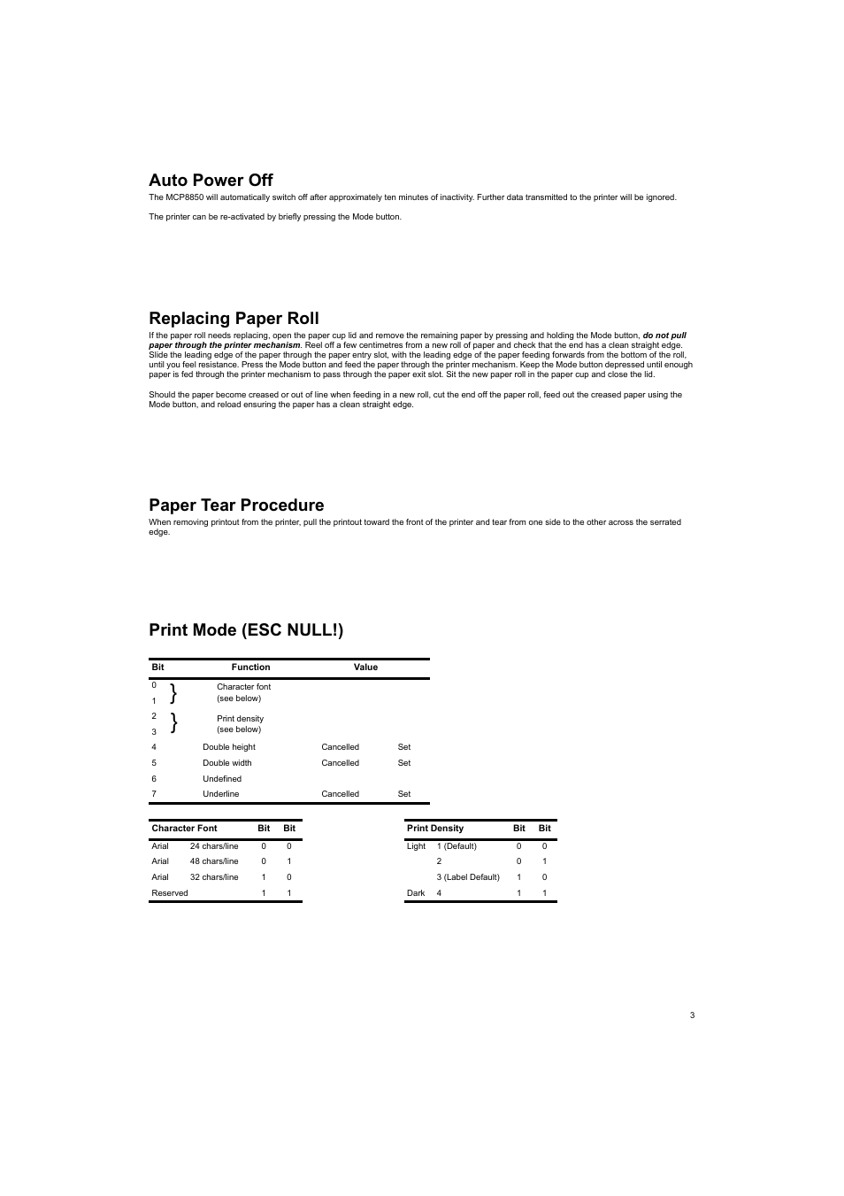 Character font, See below), Print density | Double height, Cancelled, Double width, Undefined, Underline, Arial 24 chars/line, Light 1 (default) | Welch Allyn MCP8850B HPIR THERMAL PRINTER - User Manual User Manual | Page 3 / 24