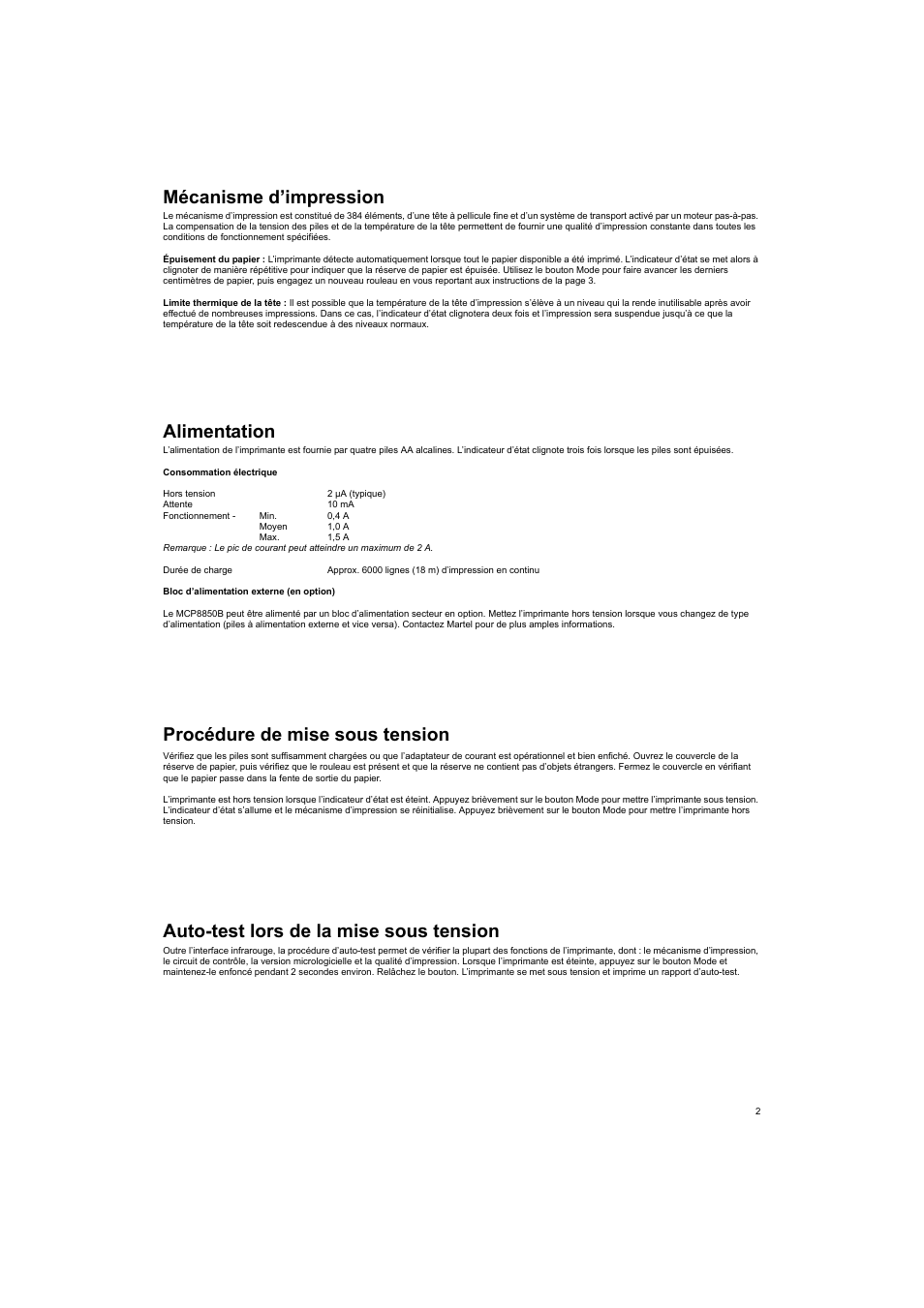 Mécanisme d’impression, Alimentation, Procédure de mise sous tension | Auto-test lors de la mise sous tension | Welch Allyn MCP8850B HPIR THERMAL PRINTER - User Manual User Manual | Page 6 / 24