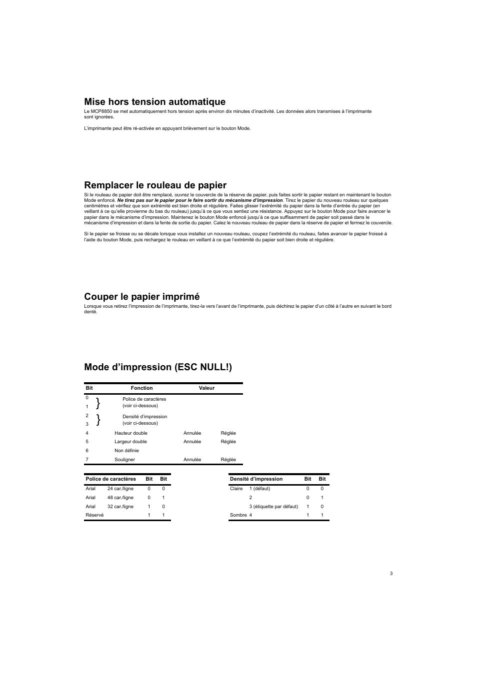 Police de caractères, Voir ci-dessous), Densité d’impression | Hauteur double, Annulée, Réglée, Largeur double, Non définie, Souligner, Arial 24 car./ligne | Welch Allyn MCP8850B HPIR THERMAL PRINTER - User Manual User Manual | Page 7 / 24