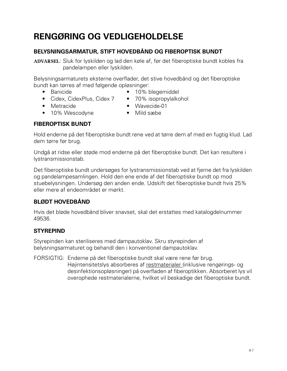Rengøring og vedligeholdelse | Welch Allyn Fiber Optic Headlight - User Manual User Manual | Page 107 / 112