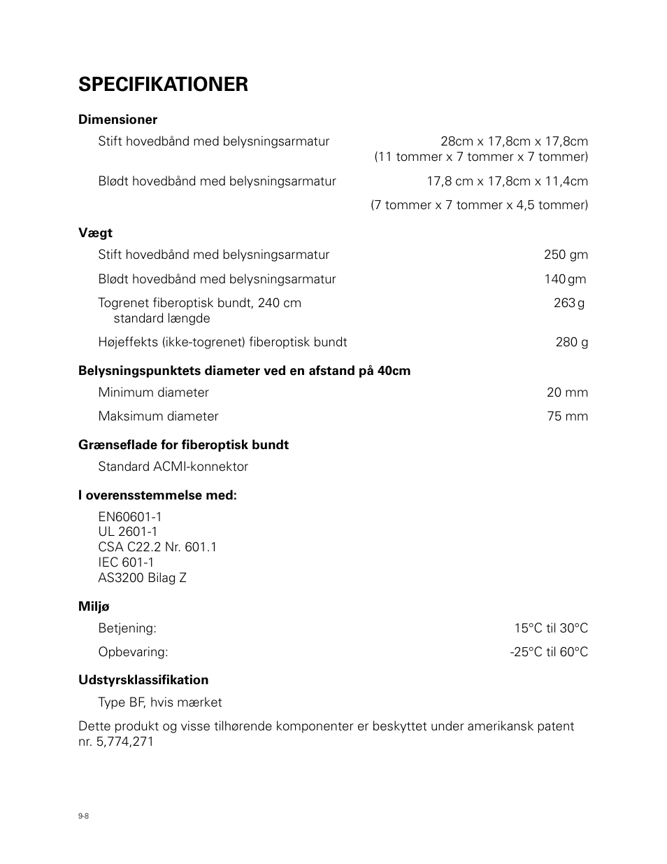 Specifikationer | Welch Allyn Fiber Optic Headlight - User Manual User Manual | Page 108 / 112