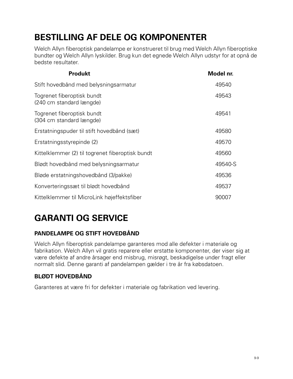 Bestilling af dele og komponenter, Garanti og service | Welch Allyn Fiber Optic Headlight - User Manual User Manual | Page 109 / 112