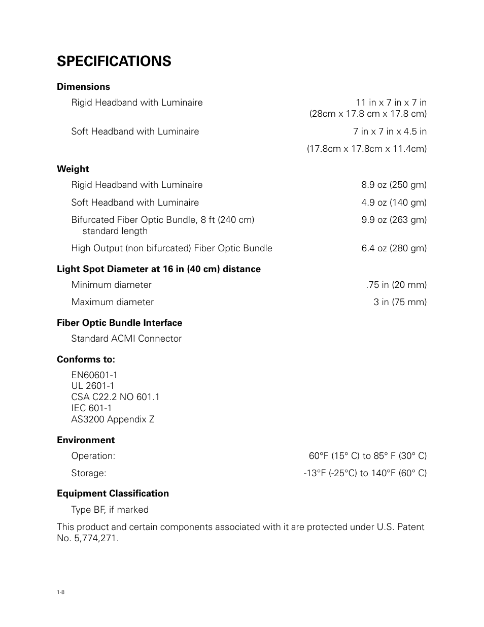 Specifications | Welch Allyn Fiber Optic Headlight - User Manual User Manual | Page 12 / 112