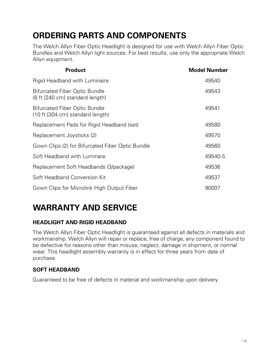 Ordering parts and components, Warranty and service | Welch Allyn Fiber Optic Headlight - User Manual User Manual | Page 13 / 112