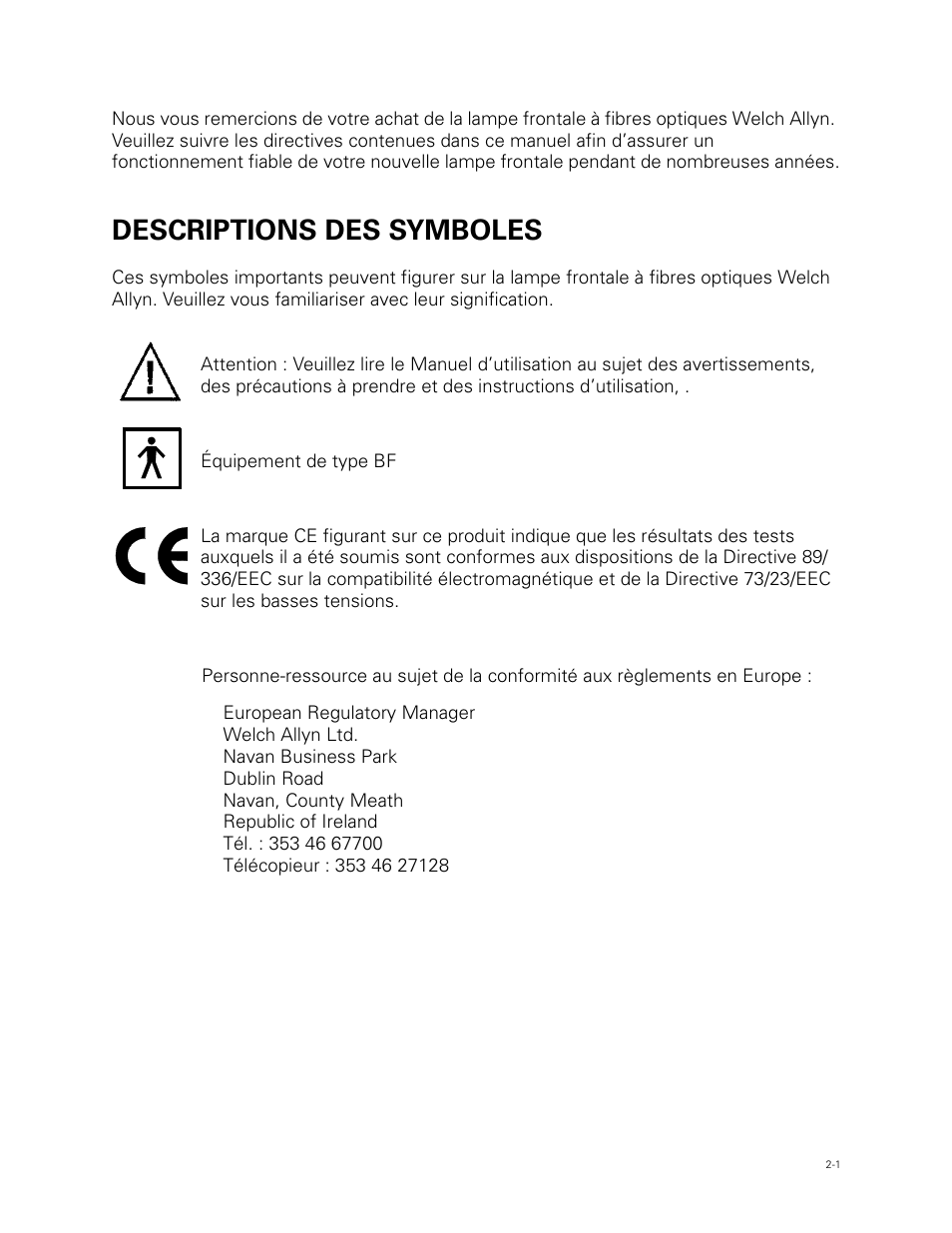 Descriptions des symboles | Welch Allyn Fiber Optic Headlight - User Manual User Manual | Page 17 / 112