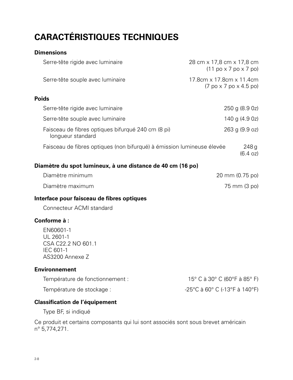 Caractéristiques techniques | Welch Allyn Fiber Optic Headlight - User Manual User Manual | Page 24 / 112