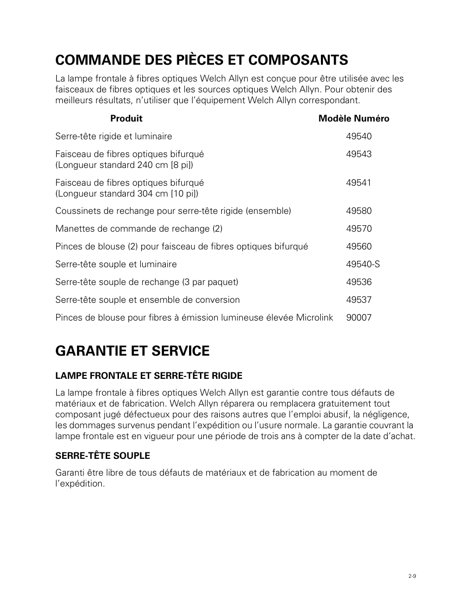 Commande des pièces et composants, Garantie et service | Welch Allyn Fiber Optic Headlight - User Manual User Manual | Page 25 / 112