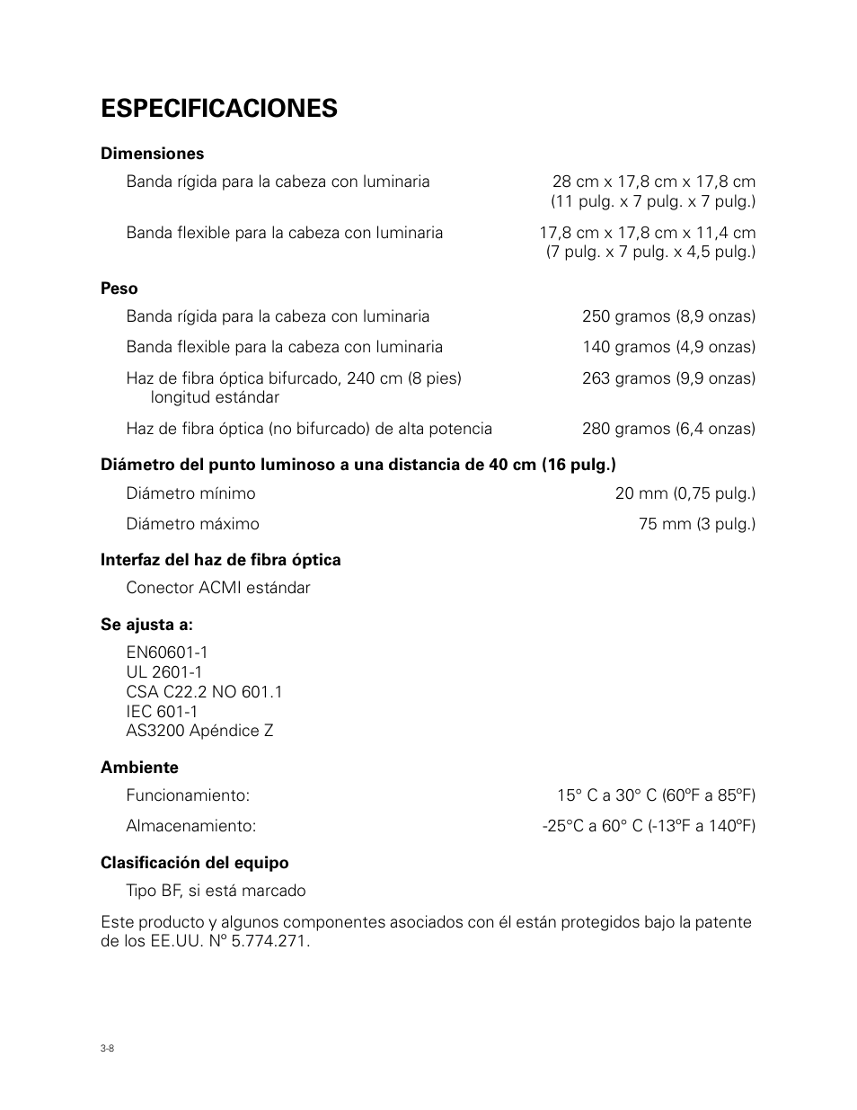 Especificaciones | Welch Allyn Fiber Optic Headlight - User Manual User Manual | Page 36 / 112