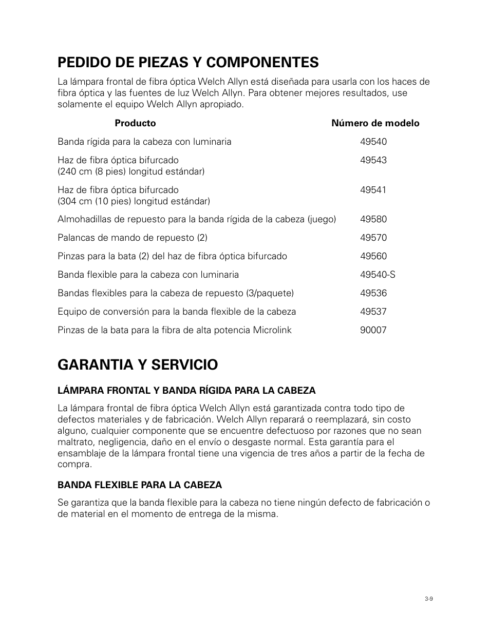 Pedido de piezas y componentes, Garantia y servicio | Welch Allyn Fiber Optic Headlight - User Manual User Manual | Page 37 / 112