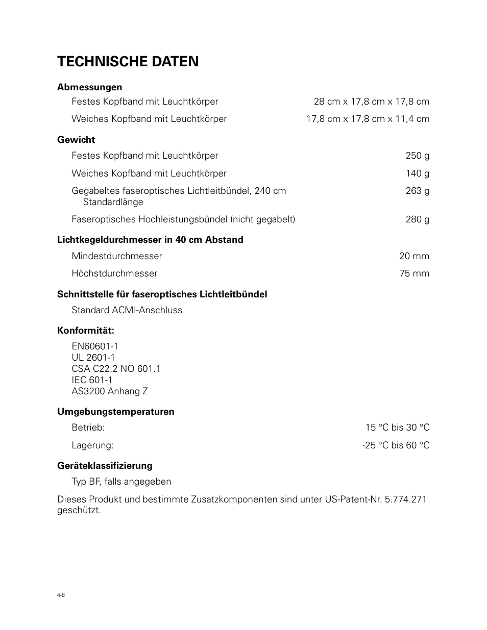 Technische daten | Welch Allyn Fiber Optic Headlight - User Manual User Manual | Page 48 / 112