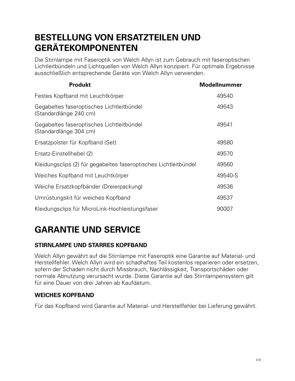 Bestellung von ersatzteilen und gerätekomponenten, Garantie und service | Welch Allyn Fiber Optic Headlight - User Manual User Manual | Page 49 / 112