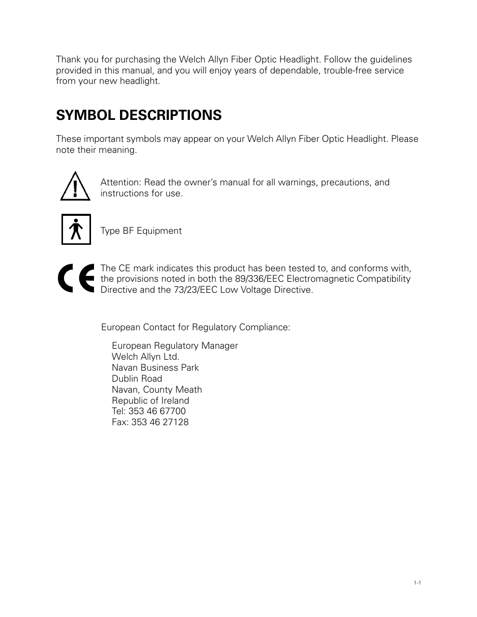 Symbol descriptions | Welch Allyn Fiber Optic Headlight - User Manual User Manual | Page 5 / 112