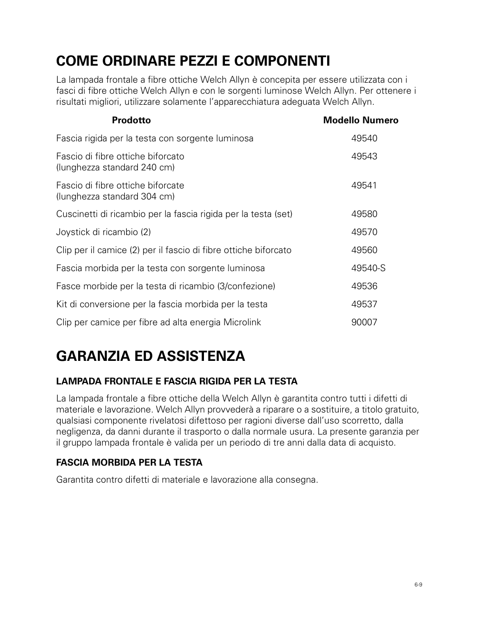 Come ordinare pezzi e componenti, Garanzia ed assistenza | Welch Allyn Fiber Optic Headlight - User Manual User Manual | Page 73 / 112