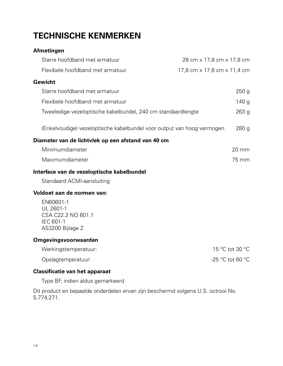 Technische kenmerken | Welch Allyn Fiber Optic Headlight - User Manual User Manual | Page 84 / 112