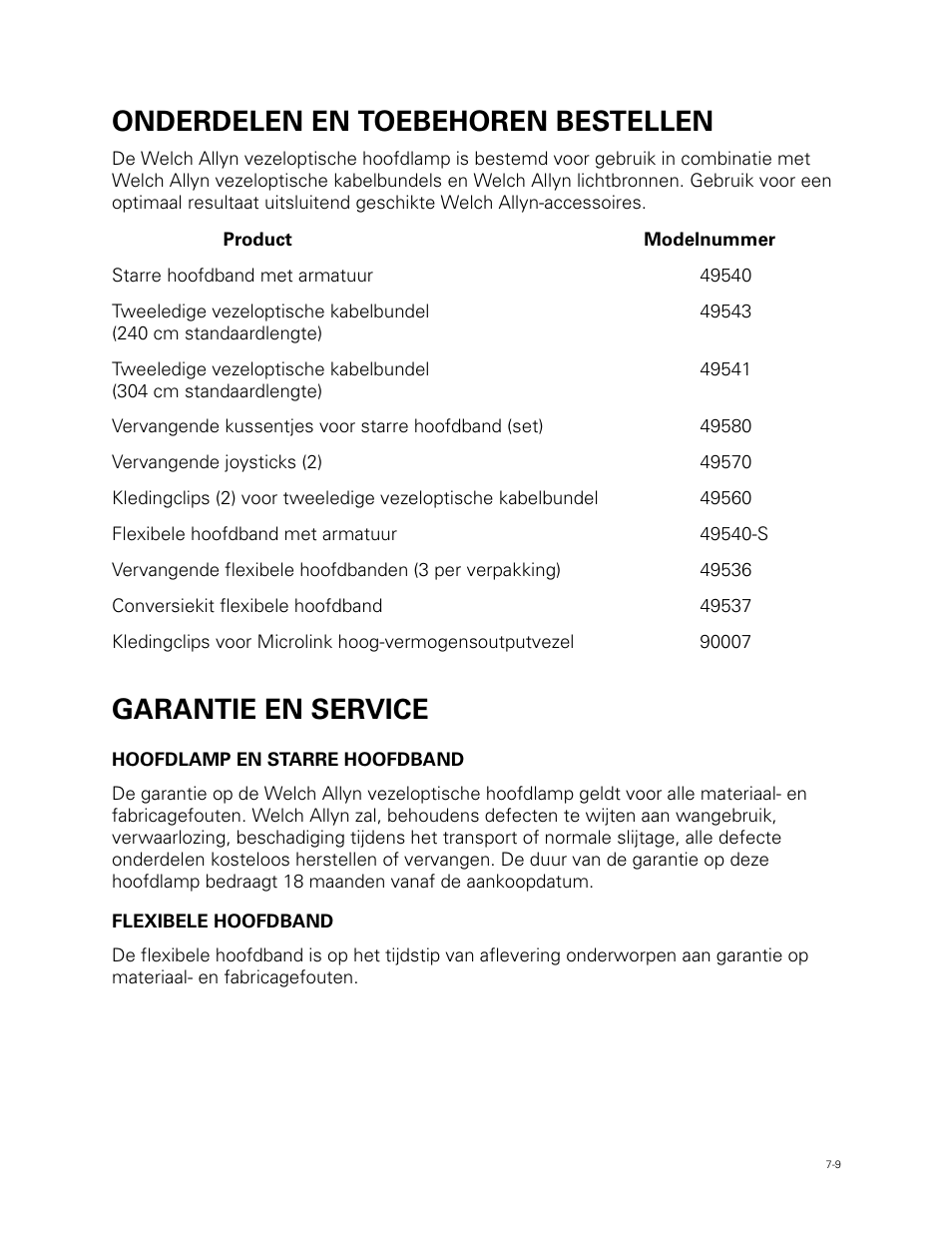 Onderdelen en toebehoren bestellen, Garantie en service | Welch Allyn Fiber Optic Headlight - User Manual User Manual | Page 85 / 112