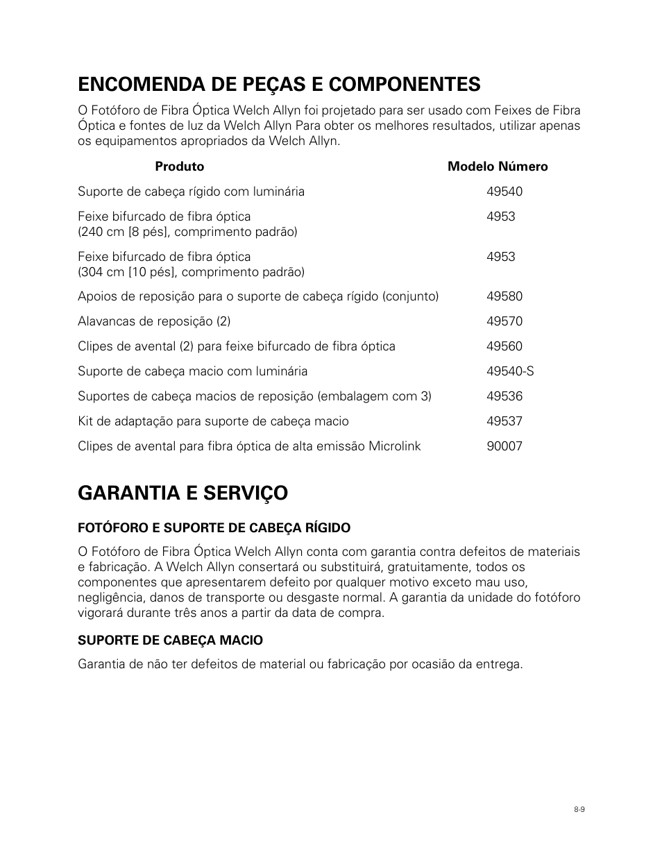Encomenda de peças e componentes, Garantia e serviço | Welch Allyn Fiber Optic Headlight - User Manual User Manual | Page 97 / 112