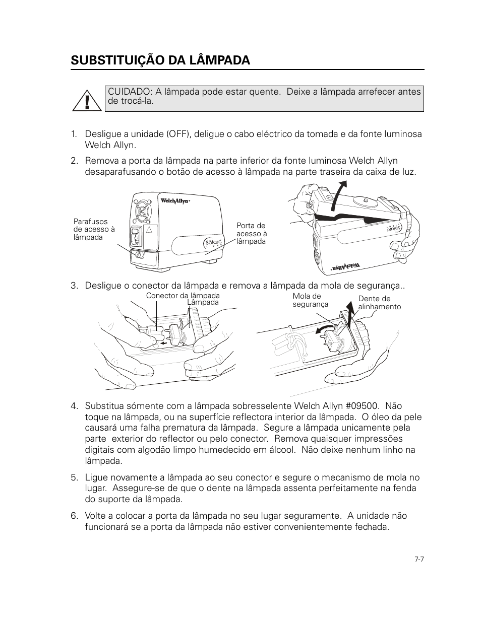 Substituição da lâmpada | Welch Allyn 49506 Light Source - User Manual User Manual | Page 101 / 192