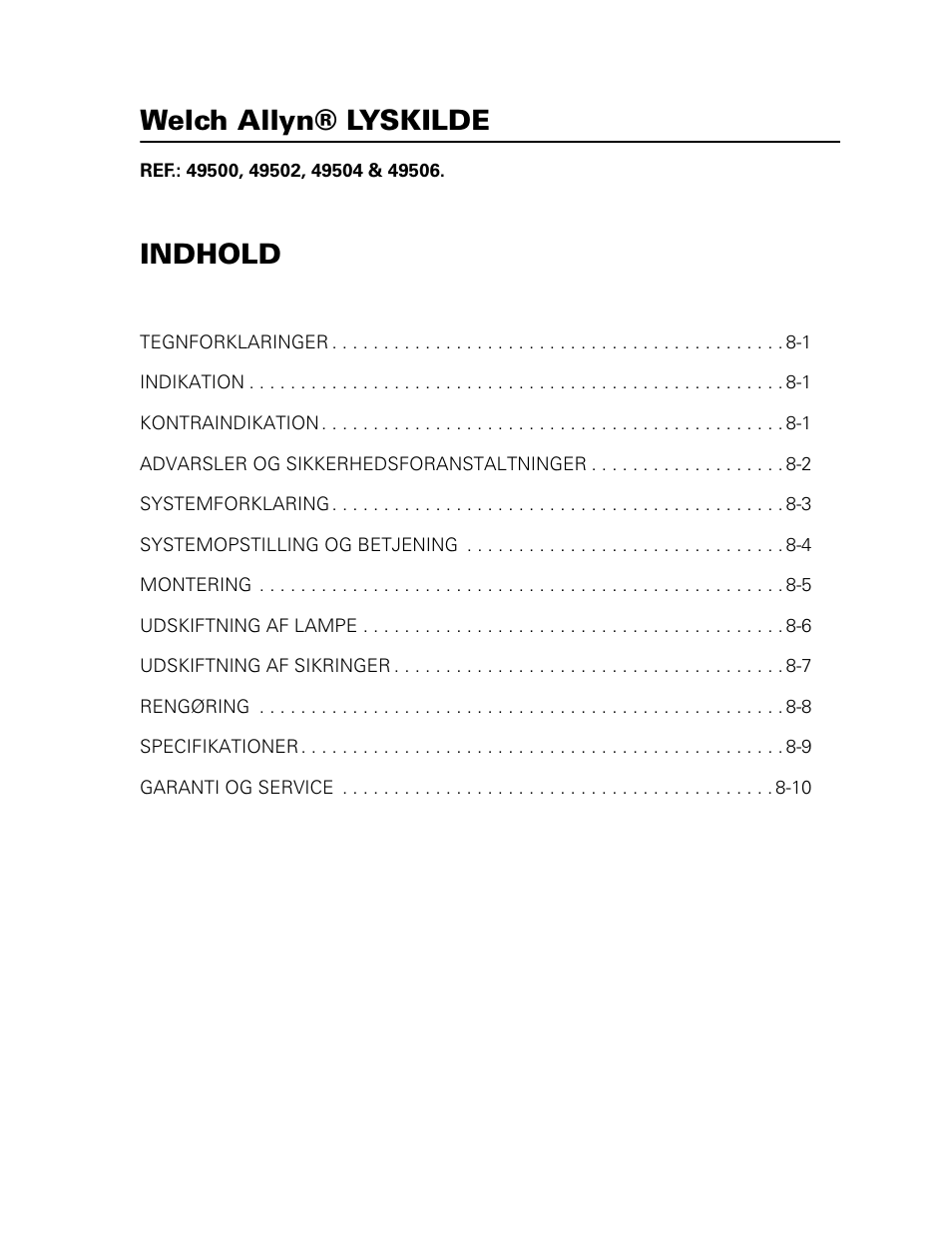 Welch allyn® lyskilde, Indhold | Welch Allyn 49506 Light Source - User Manual User Manual | Page 105 / 192