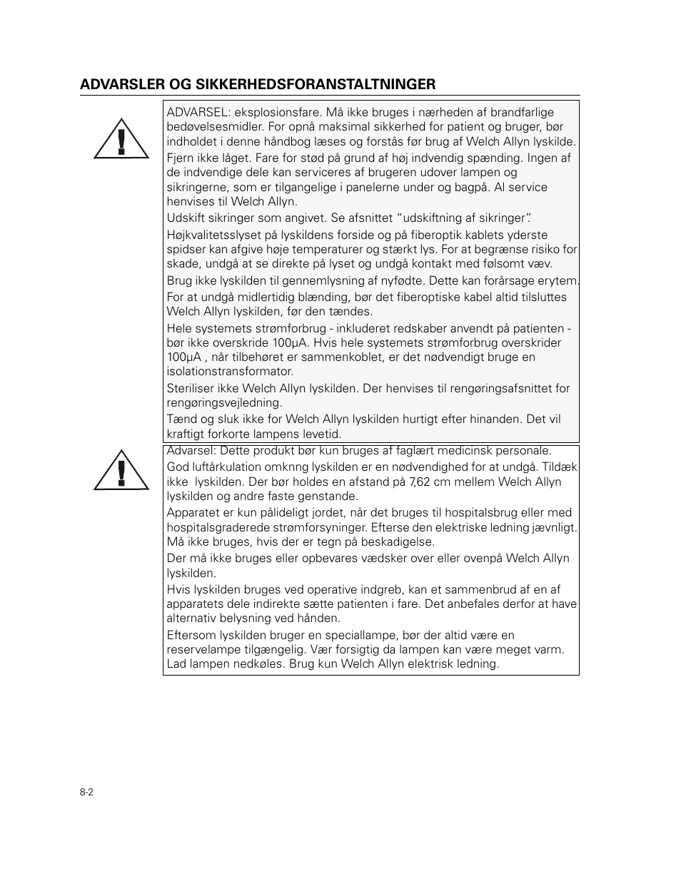 Advarsler og sikkerhedsforanstaltninger | Welch Allyn 49506 Light Source - User Manual User Manual | Page 108 / 192