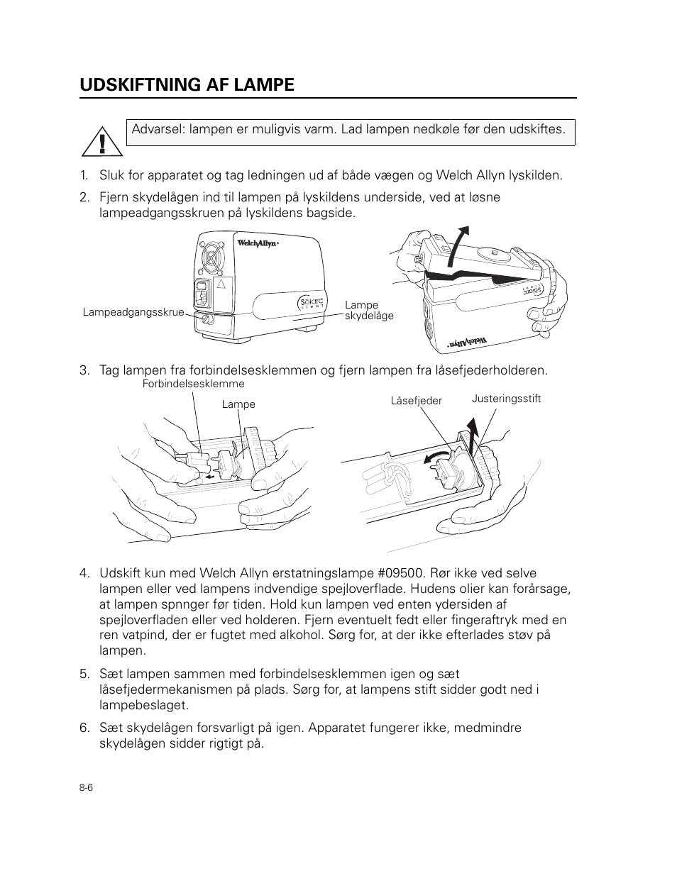 Udskiftning af lampe | Welch Allyn 49506 Light Source - User Manual User Manual | Page 112 / 192