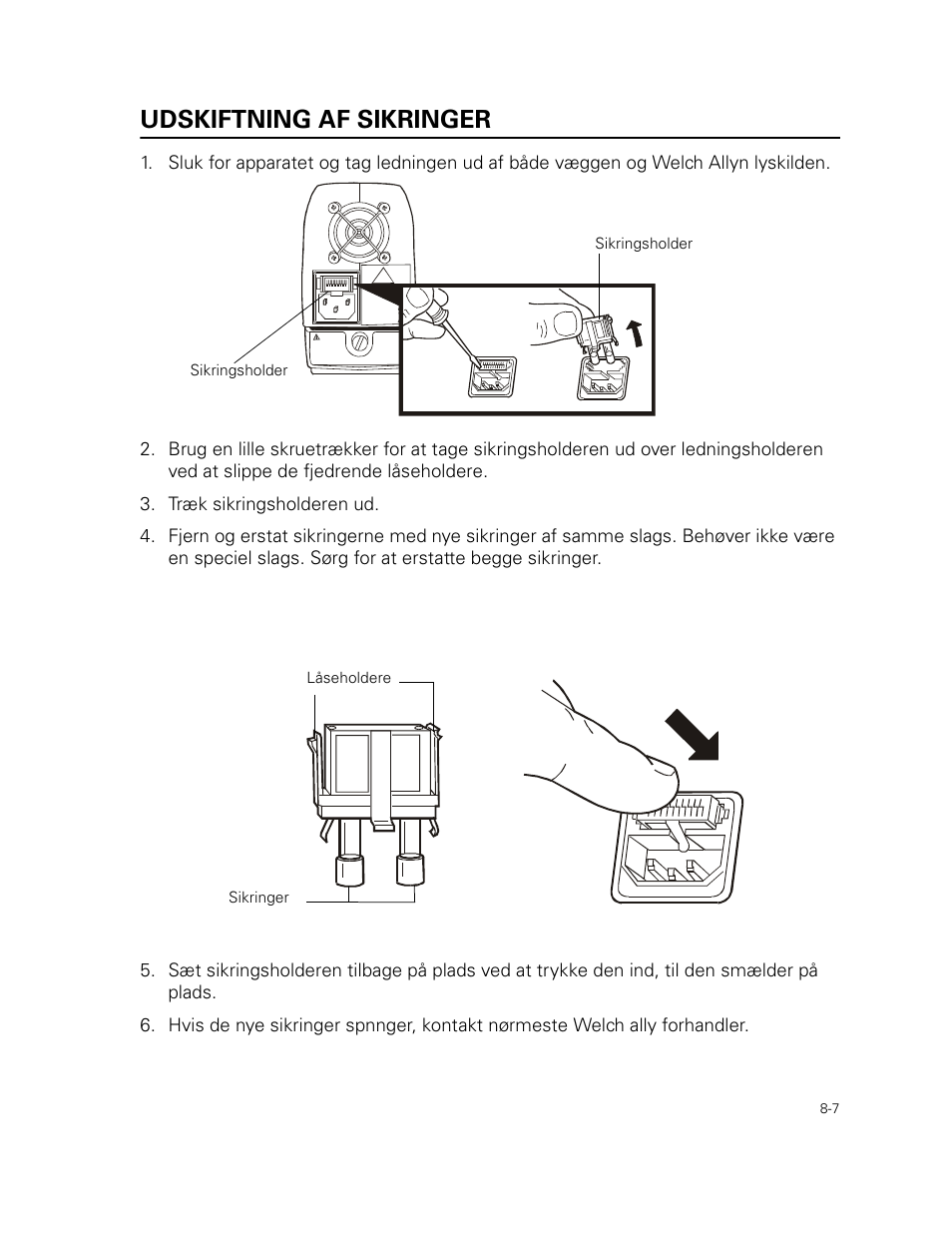 Udskiftning af sikringer, Træk sikringsholderen ud | Welch Allyn 49506 Light Source - User Manual User Manual | Page 113 / 192