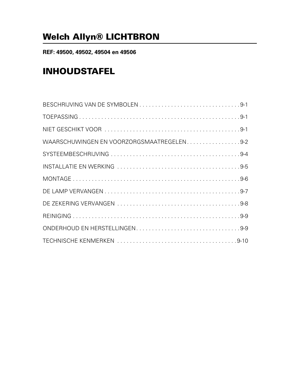 Welch allyn® lichtbron, Inhoudstafel | Welch Allyn 49506 Light Source - User Manual User Manual | Page 117 / 192