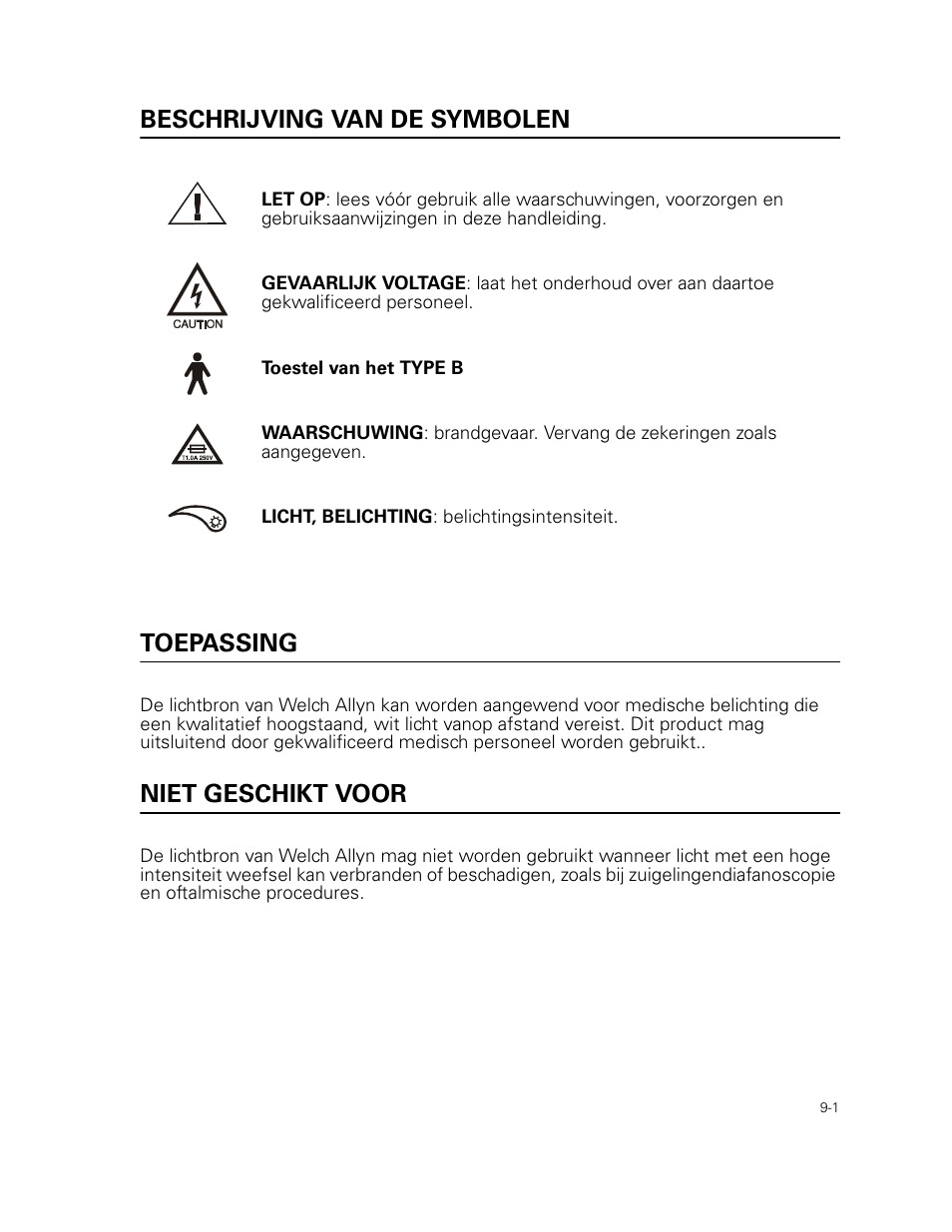 Beschrijving van de symbolen, Toepassing, Niet geschikt voor | Welch Allyn 49506 Light Source - User Manual User Manual | Page 119 / 192