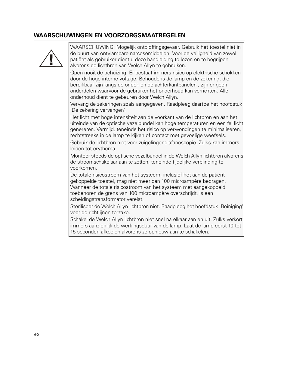 Waarschuwingen en voorzorgsmaatregelen | Welch Allyn 49506 Light Source - User Manual User Manual | Page 120 / 192