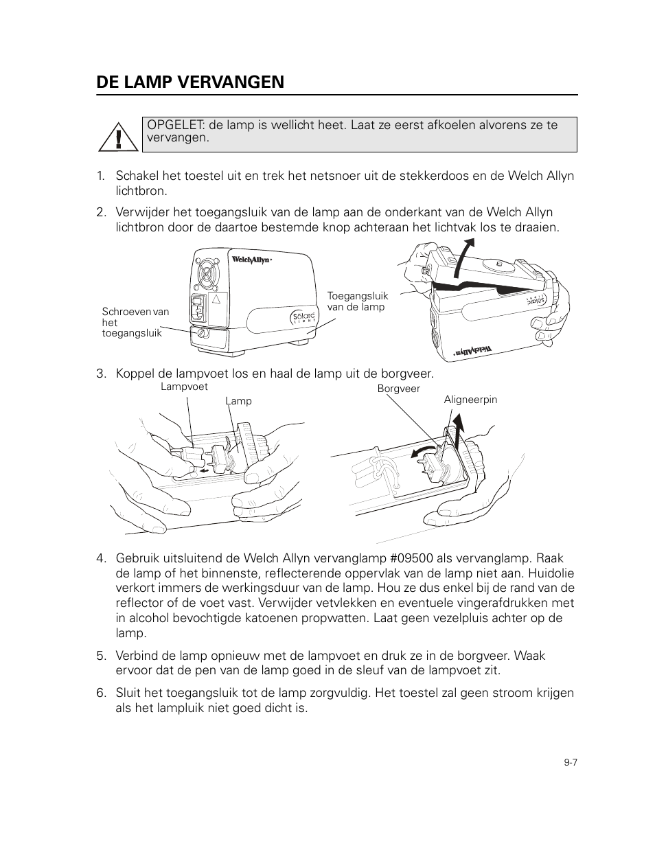 De lamp vervangen | Welch Allyn 49506 Light Source - User Manual User Manual | Page 125 / 192