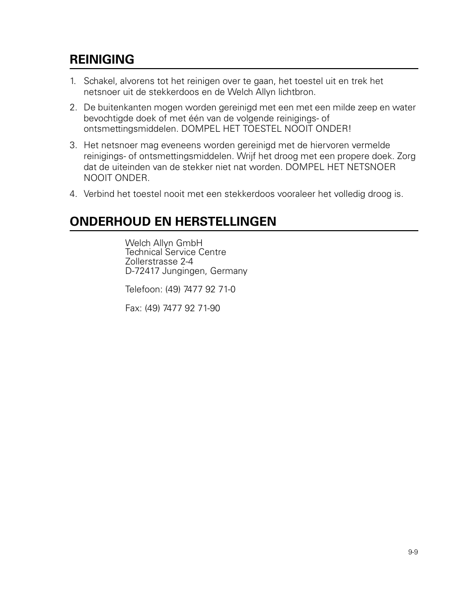 Reiniging, Onderhoud en herstellingen | Welch Allyn 49506 Light Source - User Manual User Manual | Page 127 / 192