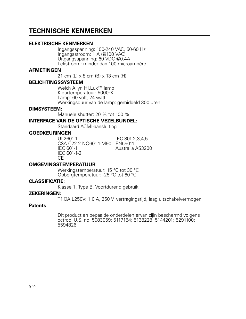 Technische kenmerken, Elektrische kenmerken, Afmetingen | Belichtingssysteem, Dimsysteem, Interface van de optische vezelbundel, Goedkeuringen, Omgevingstemperatuur, Classificatie, Zekeringen | Welch Allyn 49506 Light Source - User Manual User Manual | Page 128 / 192