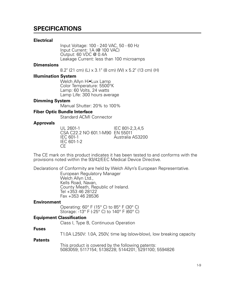 Specifications, Electrical, Dimensions | Illumination system, Dimming system, Fiber optic bundle interface, Approvals, Environment, Equipment classification, Fuses | Welch Allyn 49506 Light Source - User Manual User Manual | Page 13 / 192